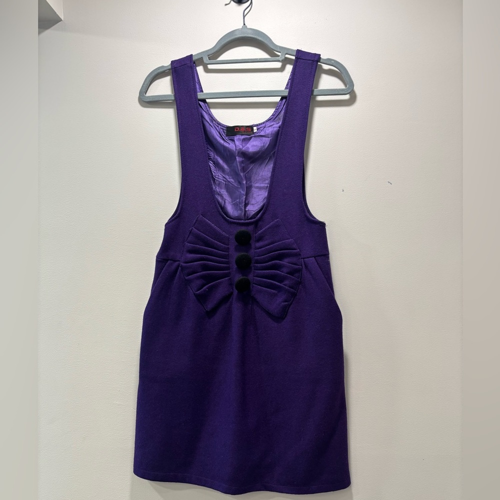 Vintage Purple Mini Jumper Dress with Decorative Bow and Velvet Buttons